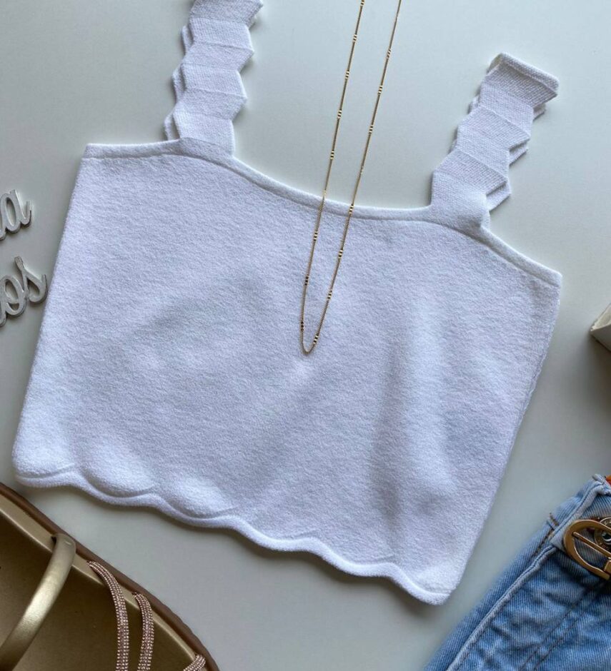 Cropped Feminino Tricot sem Bojo com Detalhe na Alça Off White - Fernanda Ramos Store