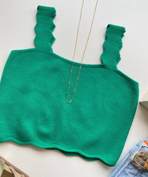 Cropped Feminino Tricot sem Bojo com Detalhe na Alça Verde - Fernanda Ramos Store