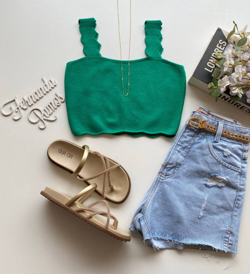 Cropped Feminino Tricot sem Bojo com Detalhe na Alça Verde - Fernanda Ramos Store
