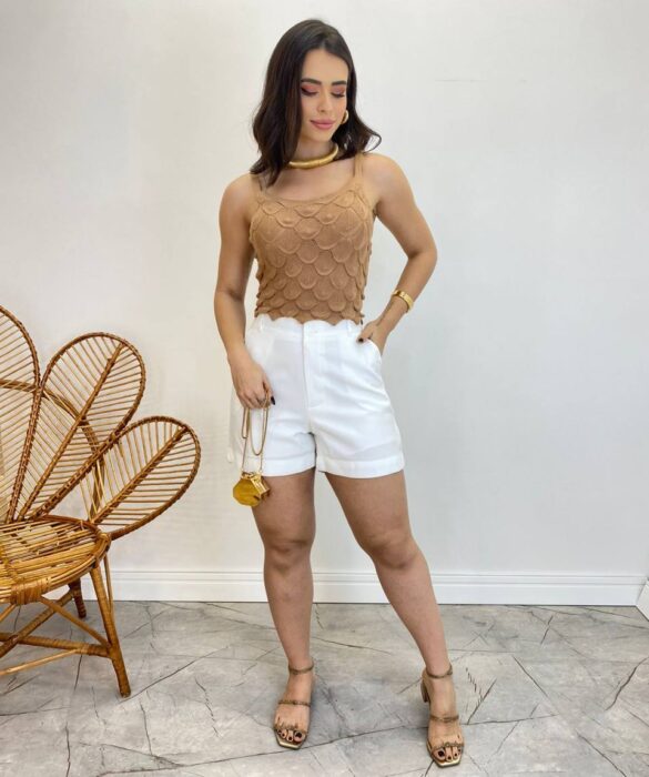 Cropped Feminino Tricot sem Bojo Escamas Bege Escuro - Fernanda Ramos Store