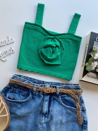 Cropped Feminino Tricot sem Bojo Verde com Detalhe em Flor - Fernanda Ramos Store