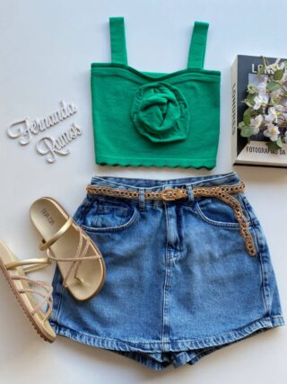 Cropped Feminino Tricot sem Bojo Verde com Detalhe em Flor - Fernanda Ramos Store