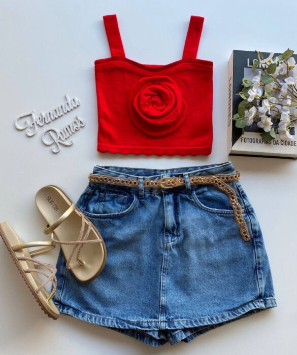 Cropped Feminino Tricot sem Bojo Vermelho com Detalhe em Flor - Fernanda Ramos Store