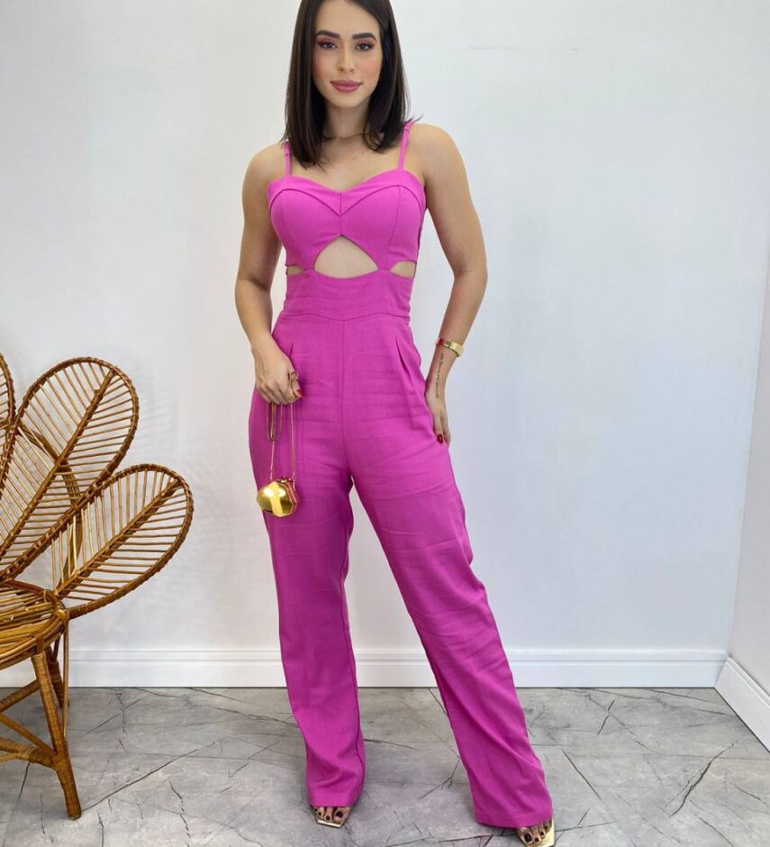 Macacão Longo Feminino com Bojo e Alça Regulável Rosa - Fernanda Ramos Store