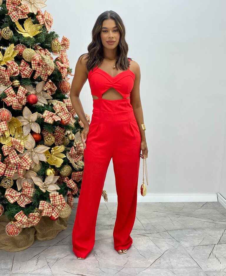 Macacão Longo Feminino com Bojo e Alça Regulável Vermelho - Fernanda Ramos Store