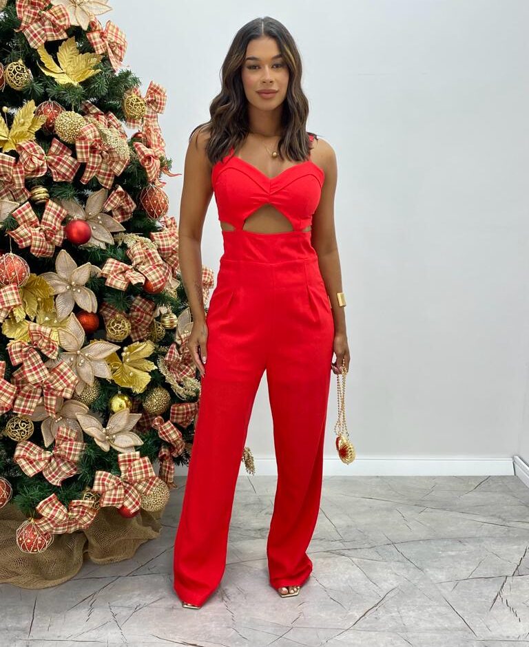 Macacão Longo Feminino com Bojo e Alça Regulável Vermelho - Fernanda Ramos Store