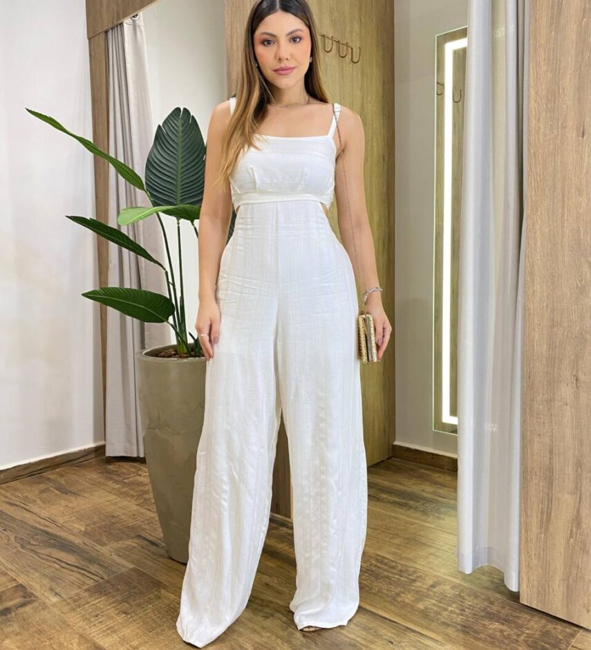 Macacão Longo Feminino sem Bojo Branco Listrado de Dourado - Fernanda Ramos Store