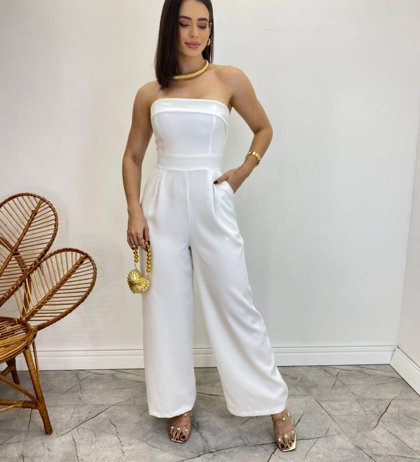 Macacão Longo Feminino Tomara que Caia com Bojo Branco - Fernanda Ramos Store