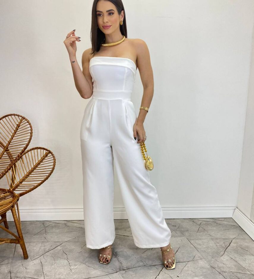 Macacão Longo Feminino Tomara que Caia com Bojo Branco - Fernanda Ramos Store