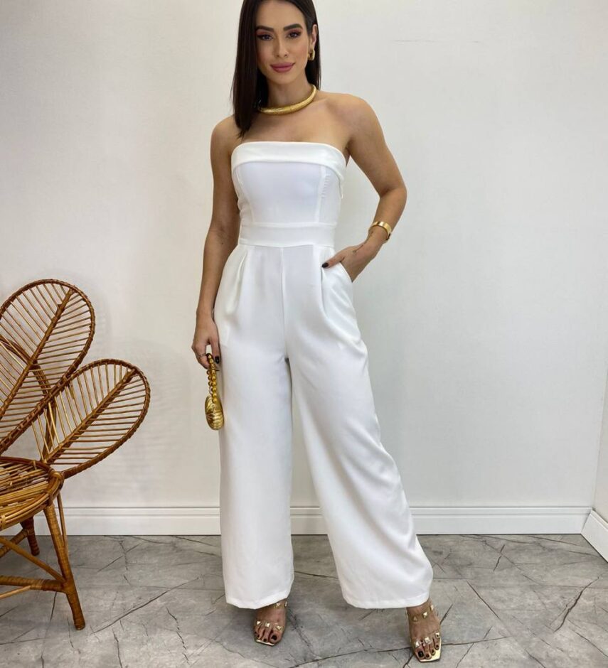 Macacão Longo Feminino Tomara que Caia com Bojo Branco - Fernanda Ramos Store