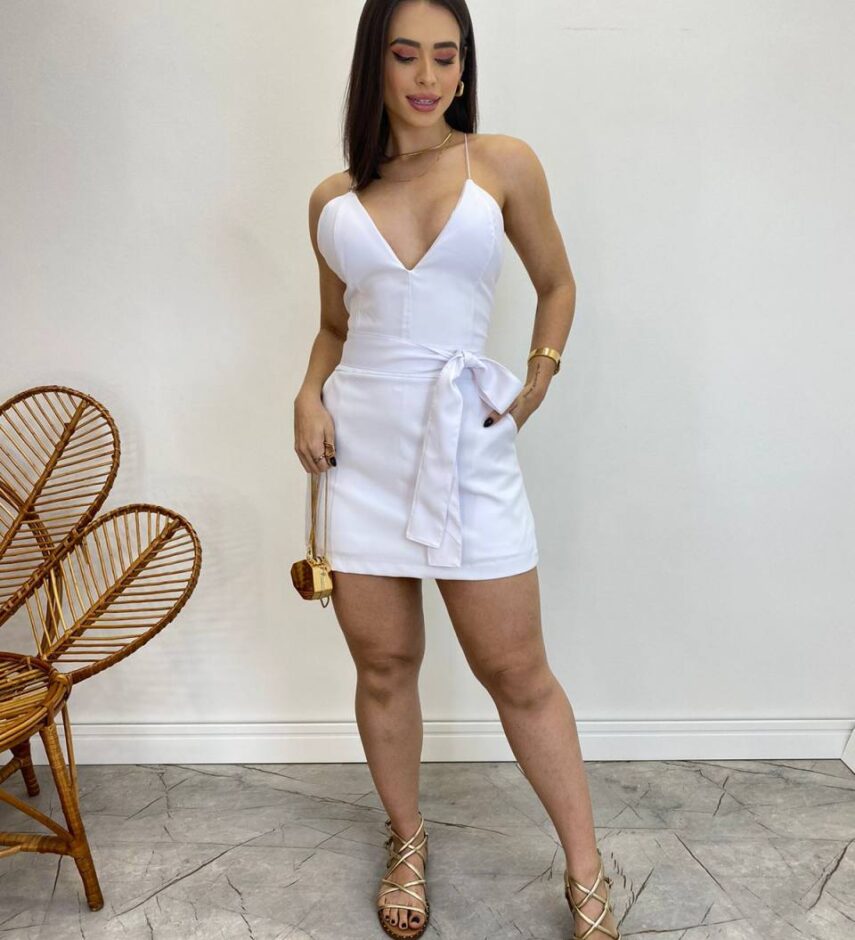 Macaquinho Feminino Larissa Decote em V com Amarração Branco - Fernanda Ramos Store