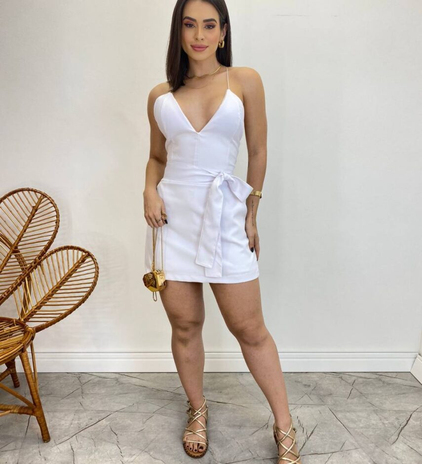 Macaquinho Feminino Larissa Decote em V com Amarração Branco - Fernanda Ramos Store