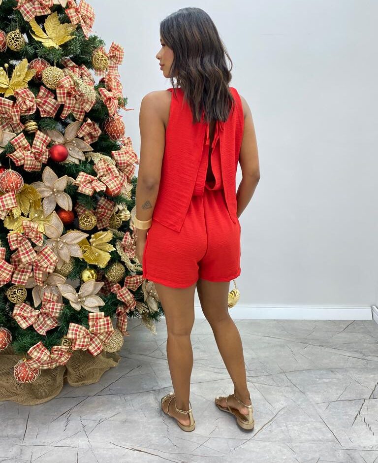 Macaquinho Feminino Rebeca sem Bojo Vermelho em Camadas - Fernanda Ramos Store