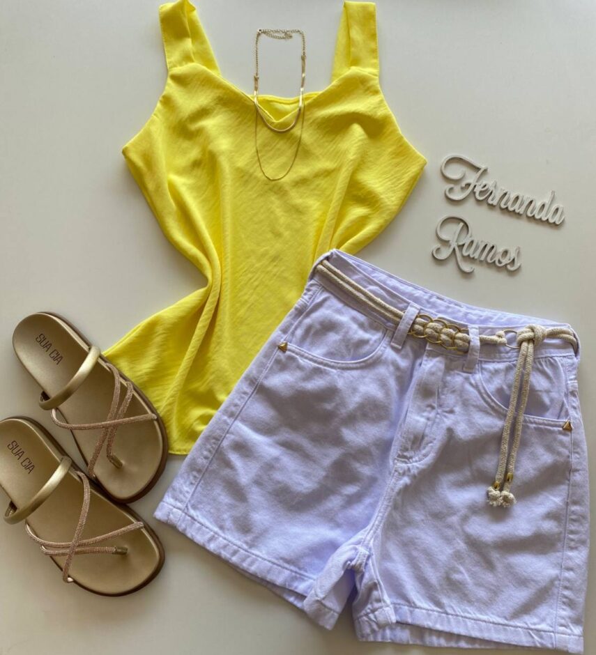 Regata Feminina Crepe Alça Grossa Brenda Amarela - Fernanda Ramos Store