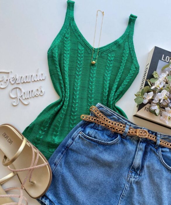 Regata Feminina Tricot Alícia com Detalhe Verde - Fernanda Ramos Store