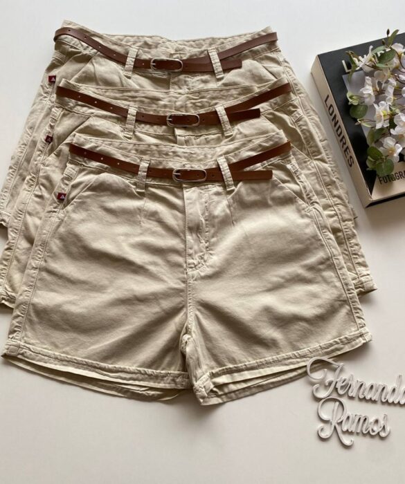 Short Feminino com Cinto Sarja 094312 Bege - Fernanda Ramos Store