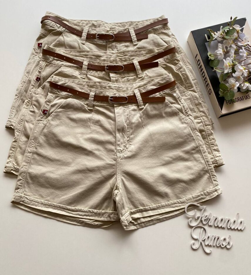 Short Feminino com Cinto Sarja 094312 Bege - Fernanda Ramos Store