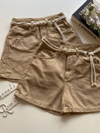 Short Feminino Sarja Boyfriend Alto com Cinto Bege - Fernanda Ramos Store