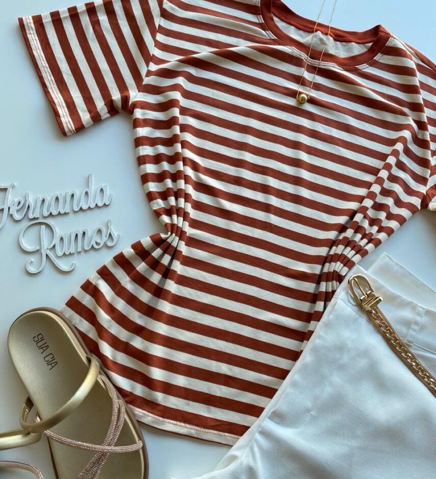 T-shirt Manga Curta Isabella Listrada Terracota - Fernanda Ramos Store