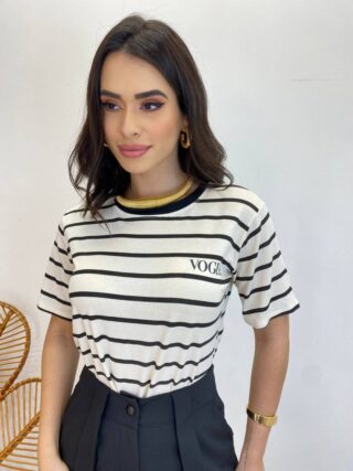 T-shirt Manga Curta Valentina Off White Listrada de Preto - Fernanda Ramos Store