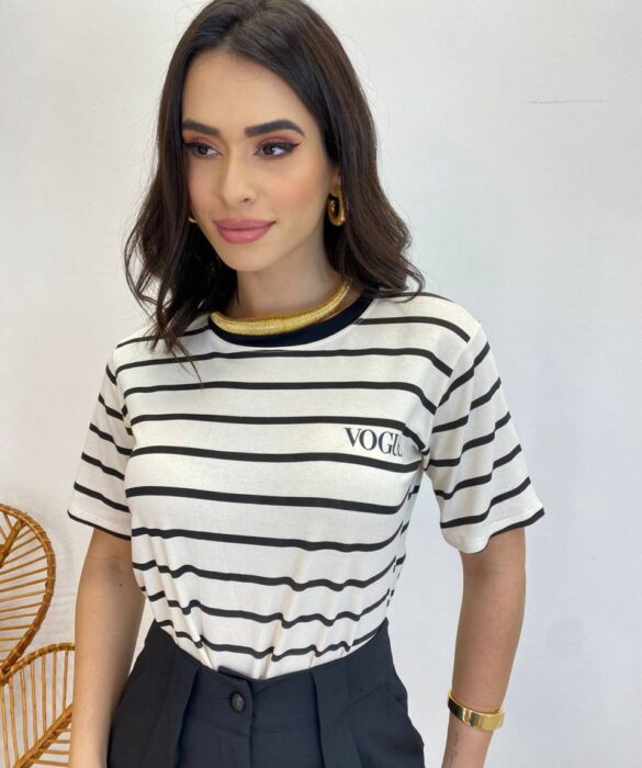 T-shirt Manga Curta Valentina Off White Listrada de Preto - Fernanda Ramos Store