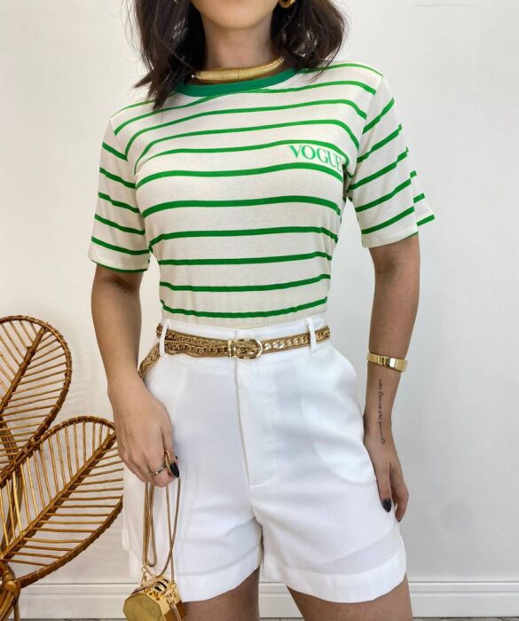 T-shirt Manga Curta Valentina Off White Listrada de Verde - Fernanda Ramos Store