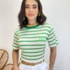 T-shirt Manga Curta Valentina Off White Listrada de Verde - Fernanda Ramos Store