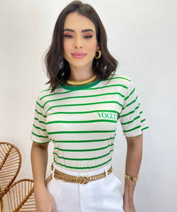 T-shirt Manga Curta Valentina Off White Listrada de Verde - Fernanda Ramos Store