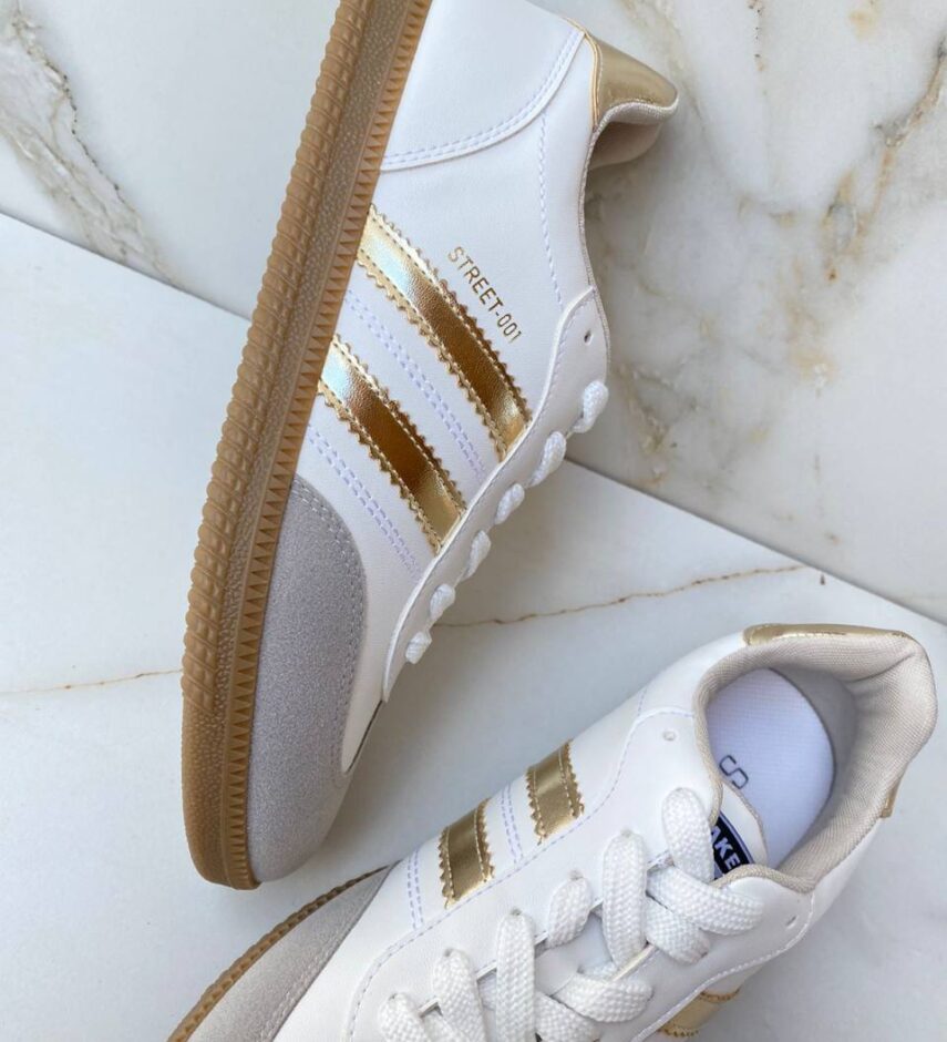 Tênis Feminino Maria Júlia Branco com Detalhes de Listras Dourada - Fernanda Ramos Store