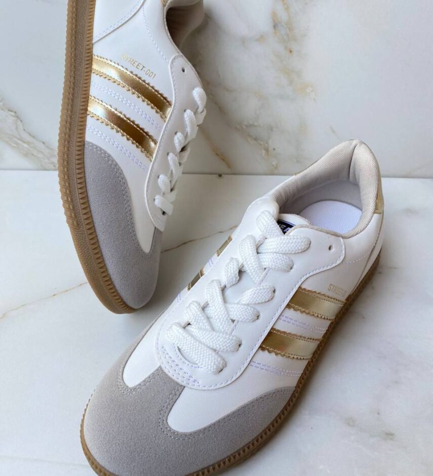 Tênis Feminino Maria Júlia Branco com Detalhes de Listras Dourada - Fernanda Ramos Store