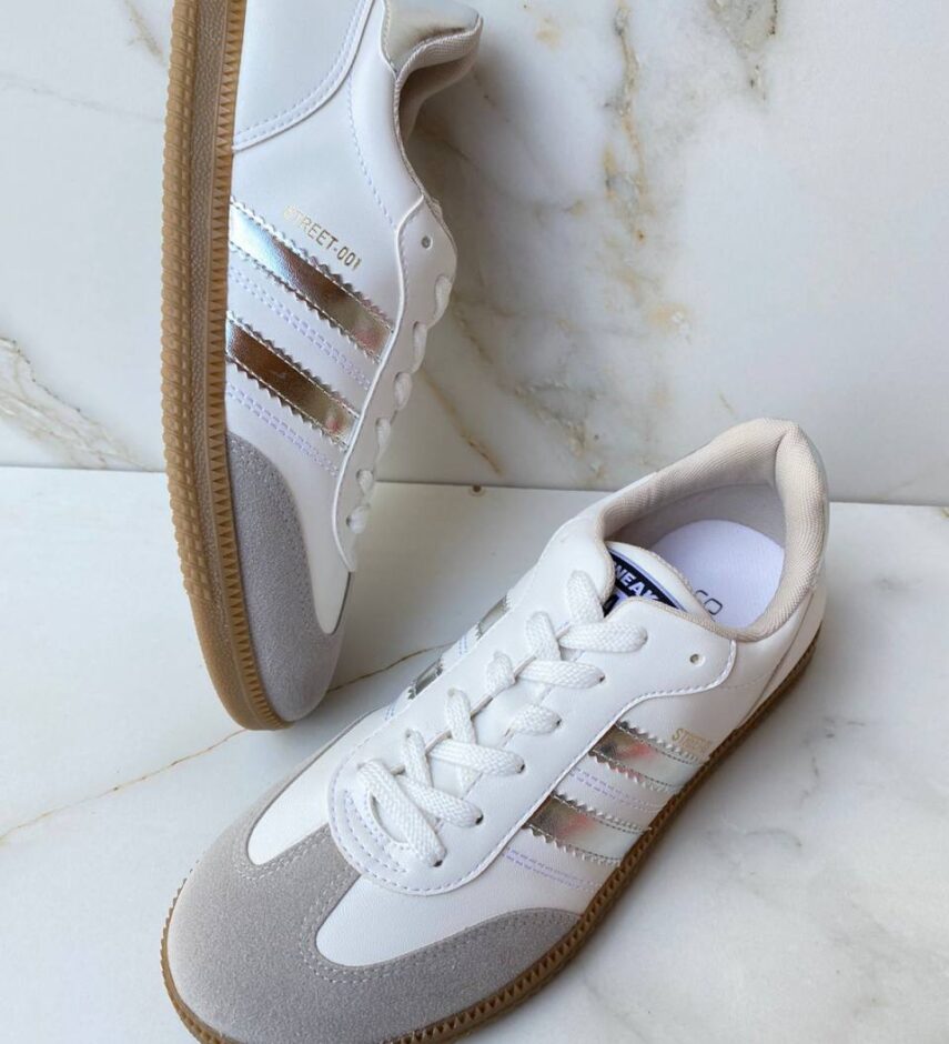 Tênis Feminino Maria Júlia Branco com Detalhes de Listras Prata - Fernanda Ramos Store