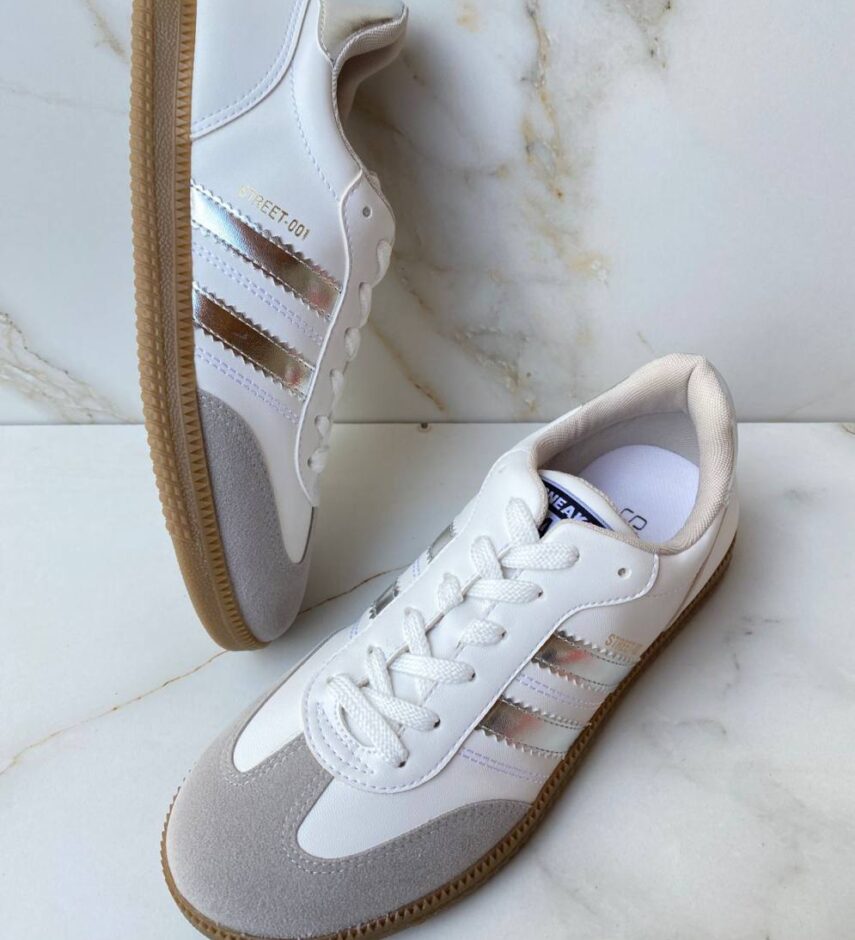 Tênis Feminino Maria Júlia Branco com Detalhes de Listras Prata - Fernanda Ramos Store