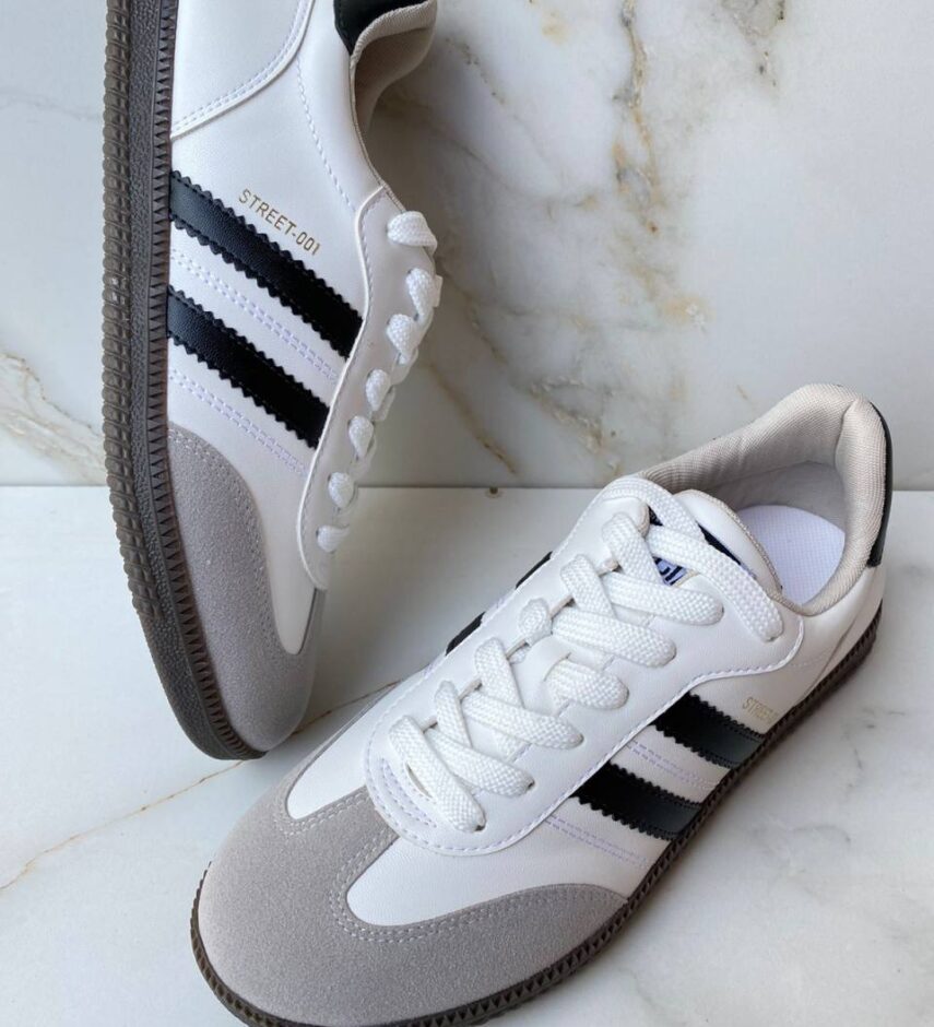 Tênis Feminino Maria Júlia Branco com Detalhes de Listras Pretas - Fernanda Ramos Store