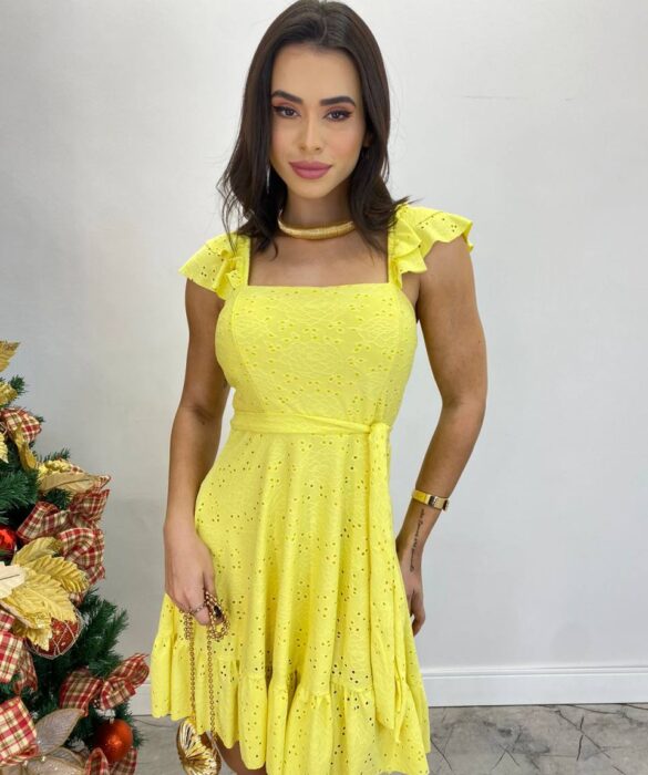 Vestido Curto Bia de Laise com Bojo e Amarração Amarelho - Fernanda Ramos Store