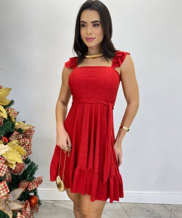 Vestido Curto Bia de Laise com Bojo e Amarração Vermelho - Fernanda Ramos Store