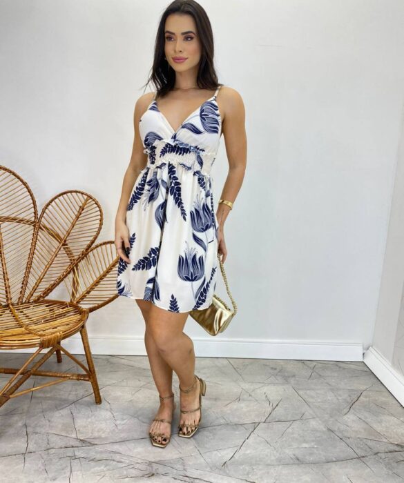 Vestido Curto com Bojo Estampado Azul Marinho Fundo Off White - Fernanda Ramos Store