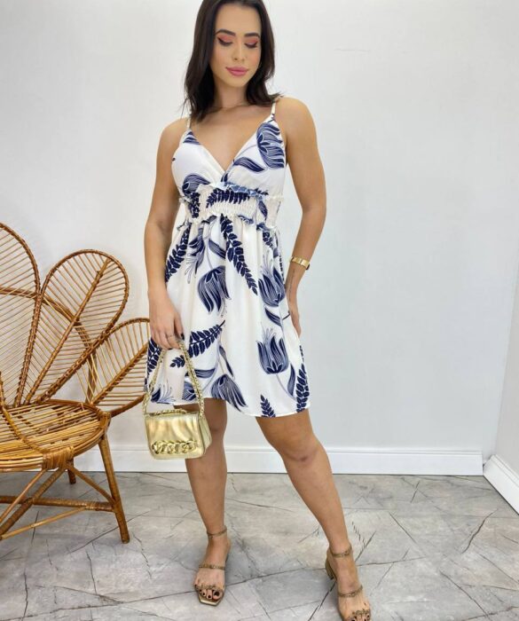 Vestido Curto com Bojo Estampado Azul Marinho Fundo Off White - Fernanda Ramos Store