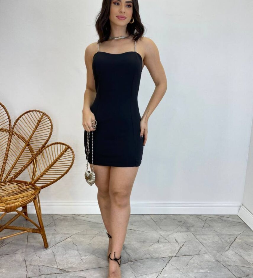 Vestido Curto com Bojo e Zíper Atrás Detalhe nas Alças Preto - Fernanda Ramos Store