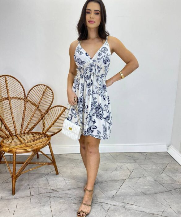 Vestido Curto com Bojo Estampa Floral Azul Marinho Fundo Off White - Fernanda Ramos Store