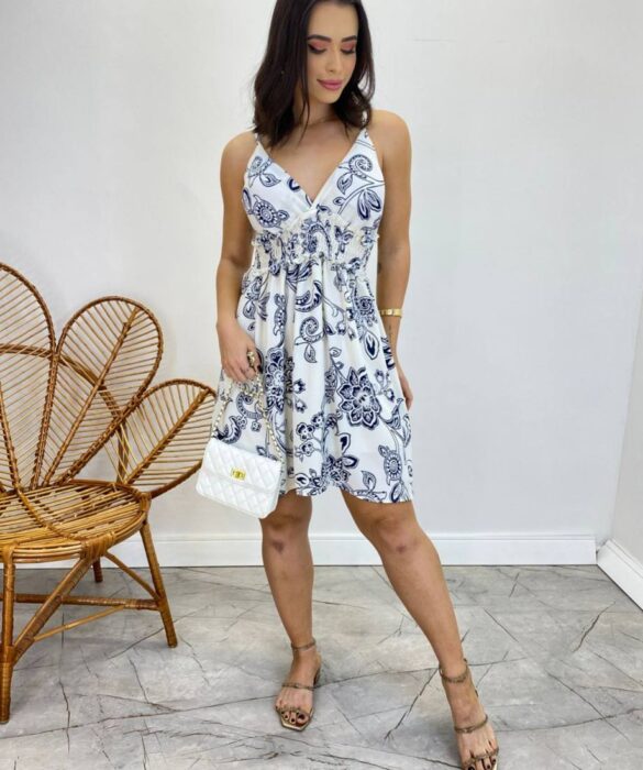 Vestido Curto com Bojo Estampa Floral Azul Marinho Fundo Off White - Fernanda Ramos Store