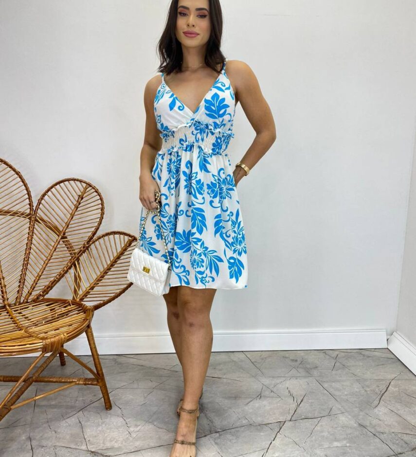 Vestido Curto Laura com Bojo e Laxtex Estampado Branco - Fernanda Ramos Store