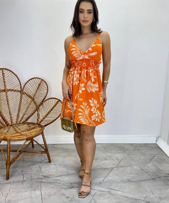 Vestido Curto Laura com Bojo e Laxtex Estampado Laranja - Fernanda Ramos Store