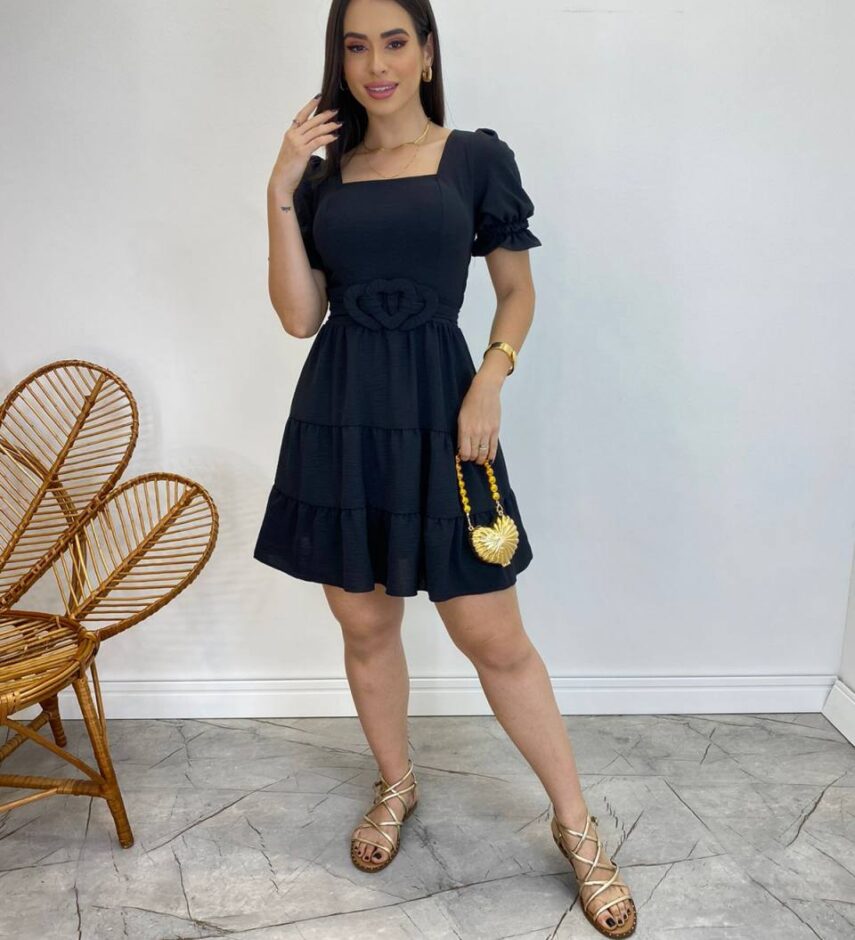 Vestido Curto Liz Manga Princesa com Bojo e Amarração Preto - Fernanda Ramos Store