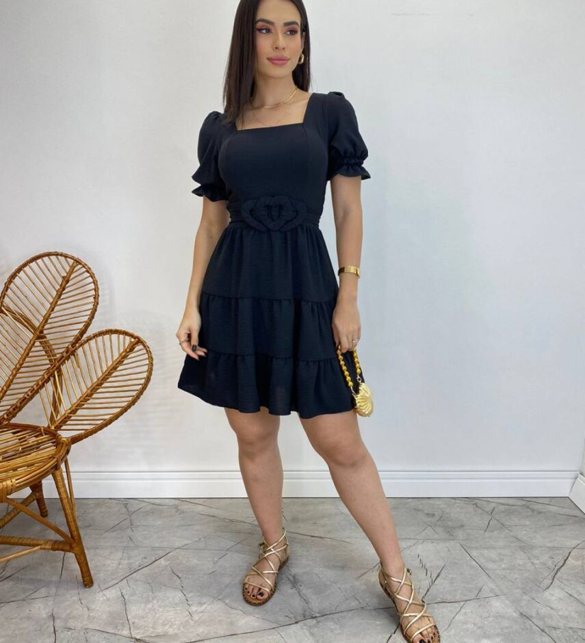 Vestido Curto Liz Manga Princesa com Bojo e Amarração Preto - Fernanda Ramos Store
