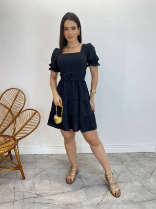 Vestido Curto Liz Manga Princesa com Bojo e Amarração Preto - Fernanda Ramos Store