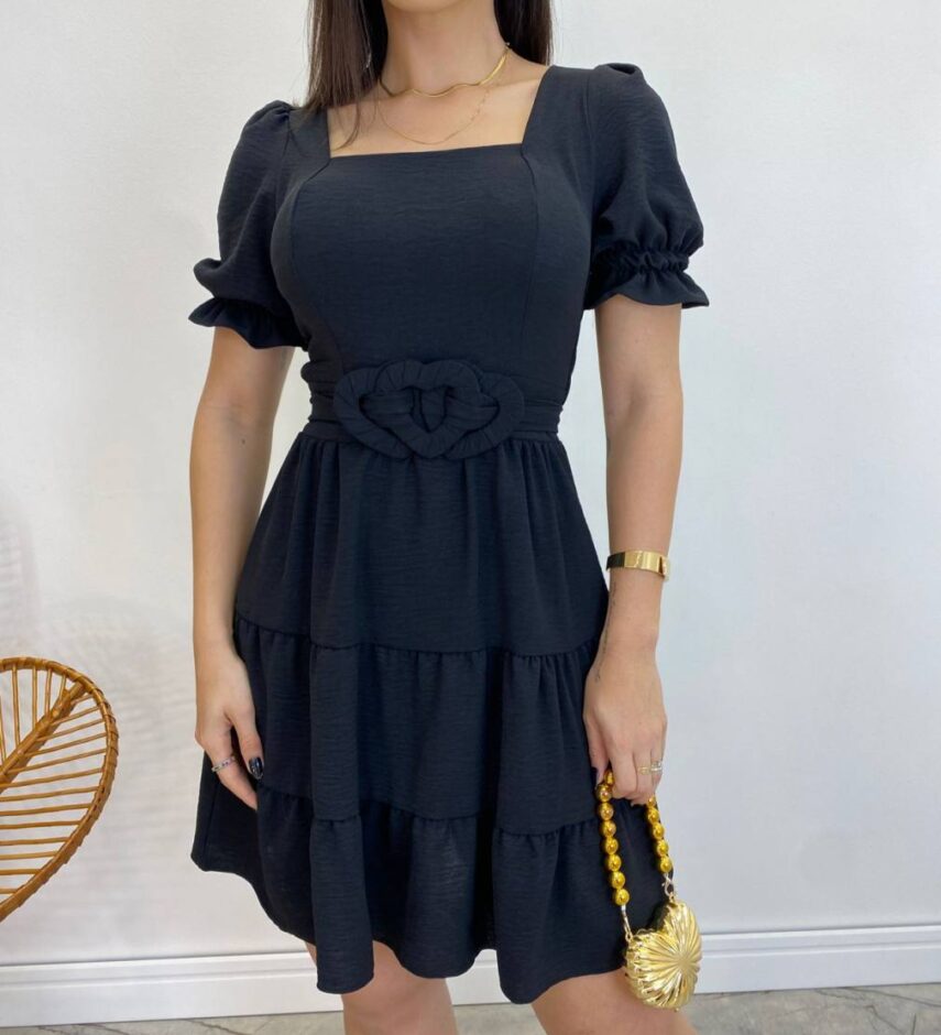 Vestido Curto Liz Manga Princesa com Bojo e Amarração Preto - Fernanda Ramos Store