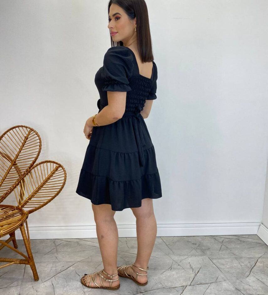 Vestido Curto Liz Manga Princesa com Bojo e Amarração Preto - Fernanda Ramos Store