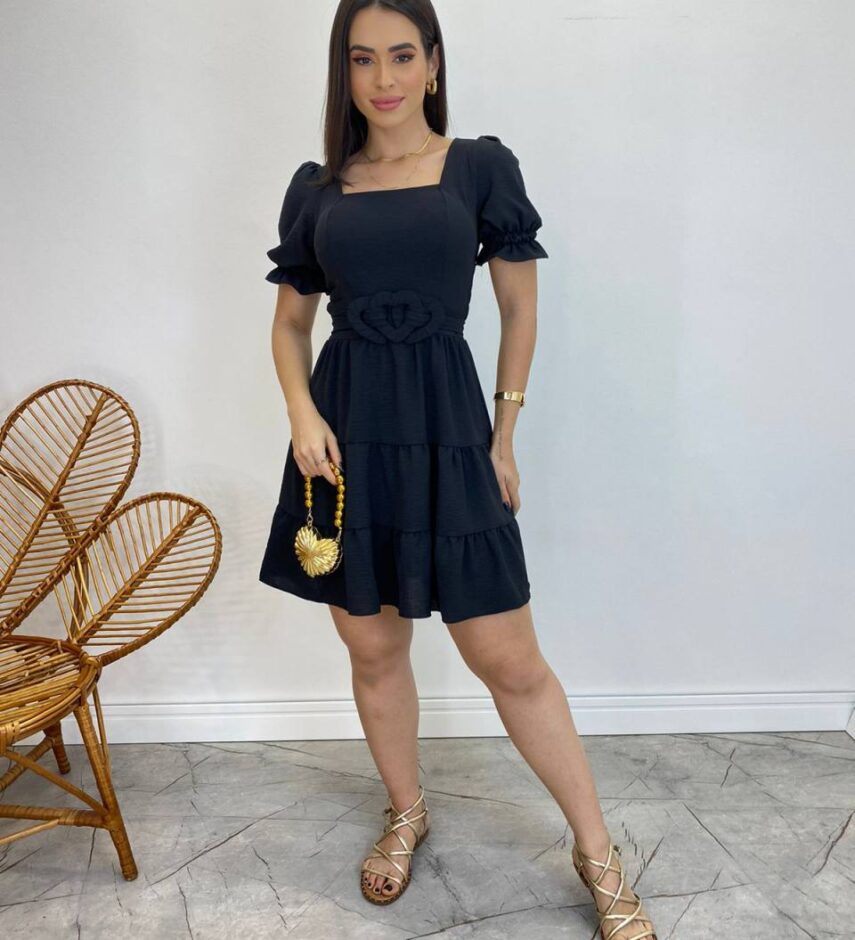 Vestido Curto Liz Manga Princesa com Bojo e Amarração Preto - Fernanda Ramos Store