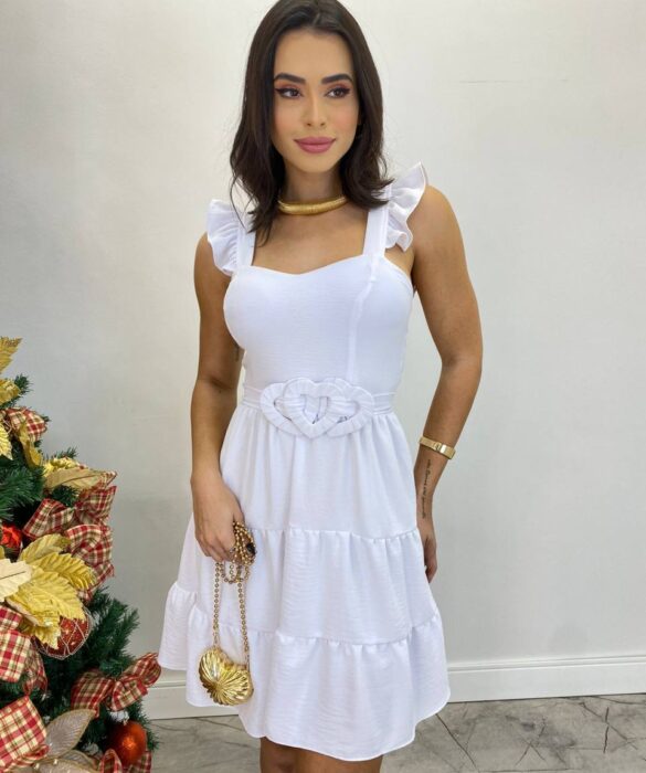 Vestido Curto Maitê com Bojo e Amarração de Coração Branco - Fernanda Ramos Store