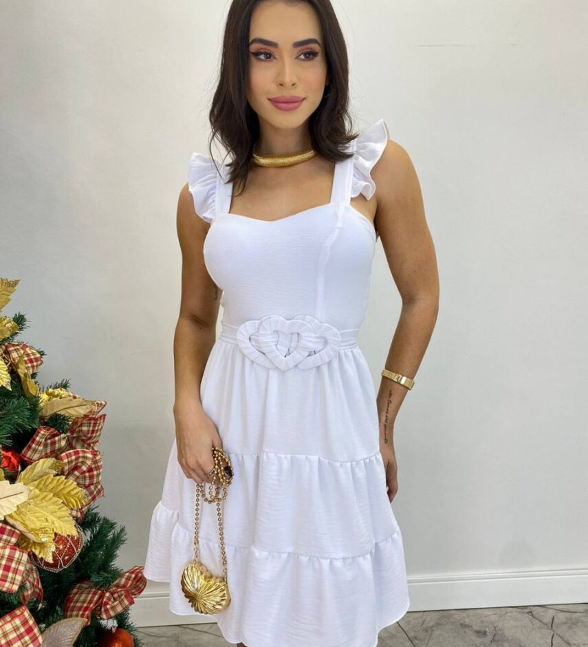 Vestido Curto Maitê com Bojo e Amarração de Coração Branco - Fernanda Ramos Store